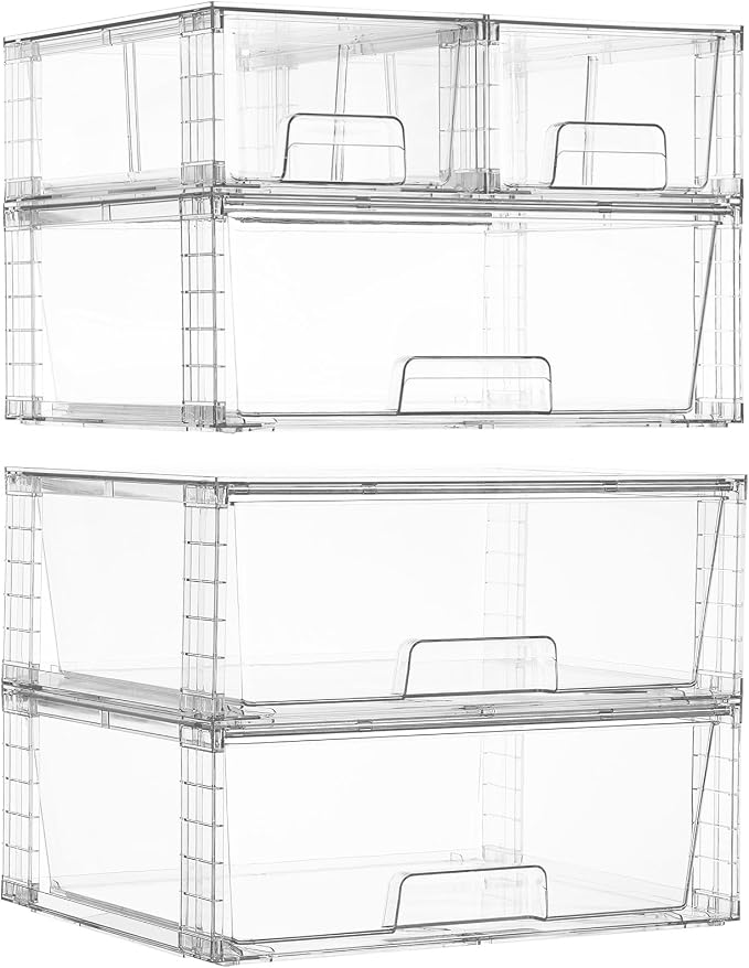 Vtopmart Clear Stackable Storage Drawers, 5 Pack Wide Storage Set | Wide and Small Pull-Out PET Drawers Designed for Large and Small Item Sorting, Cabinets, Closets, Pantry by Vtopmart