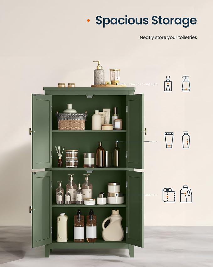 SONGMICS HOME Freestanding Storage Cabinet, Floor Cabinet with Elevated Legs, Metal Handles, for Living Room, Kitchen, Bathroom, Green - Image 4