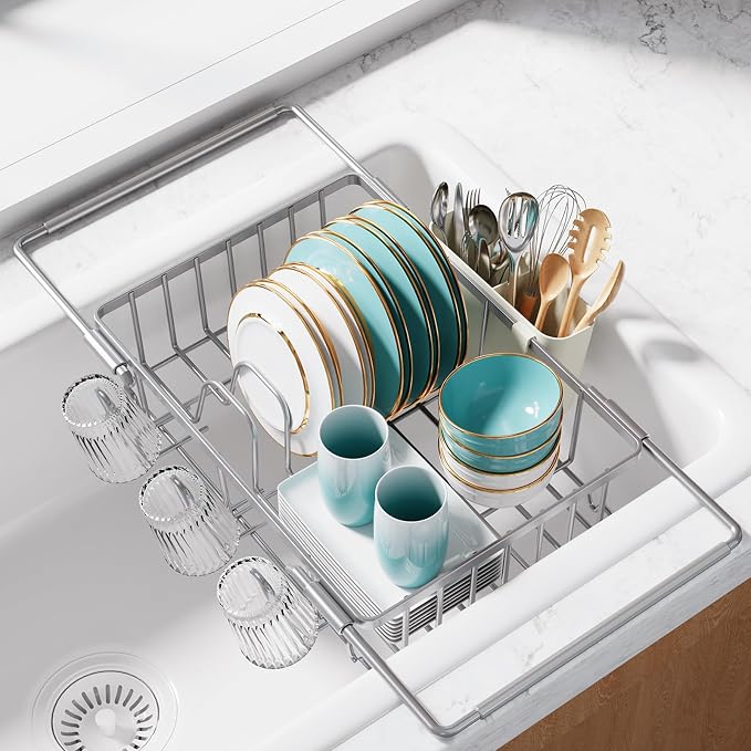 Sakugi Dish Drying Rack in Sink - Expandable Stainless Steel Dish Rack Over the Sink, Kitchen Sink Drain Strainer with Cutlery Holder & Cup Holders, 15.4 x 9.8 x 3.0 Inch, Silver by Sakugi