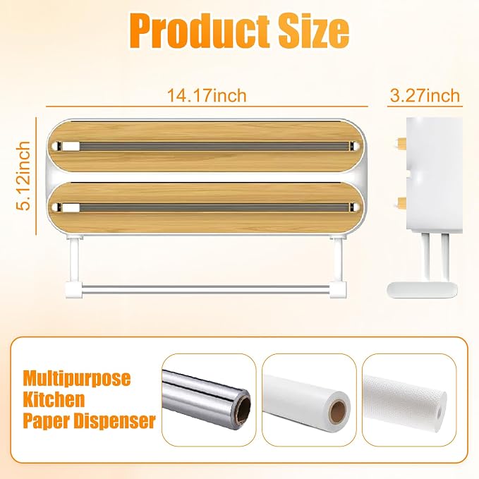 3 in 1 Plastic Wrap Dispenser with Cutter,Wooden Aluminum Foil Organizer | Magnetic Holder with Kitchen Towel Holder, Wall Mount Kitchen Wrap Dispenser for Pantry and Kitchen Cabinet - Image 6