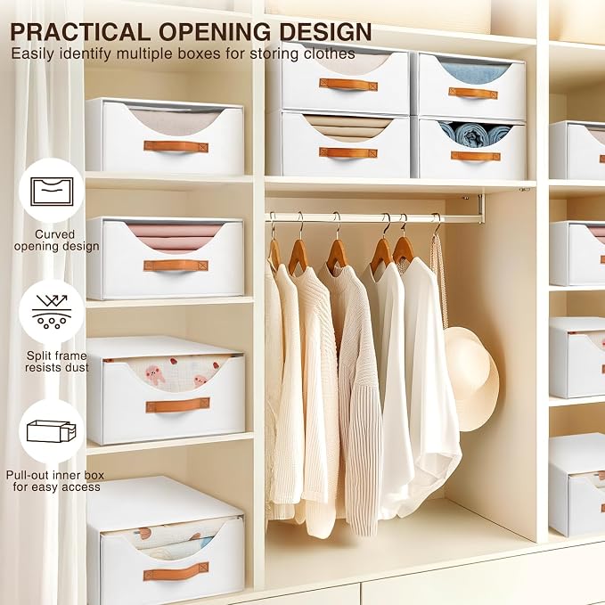 Closet Organizers and Storage - Large Stackable Storage Bins with Drawer, Fabric Bins for Organization, Collapsible Storage Drawers Organizer for Bedroom, Living Room, 4 Pack, White - Image 4