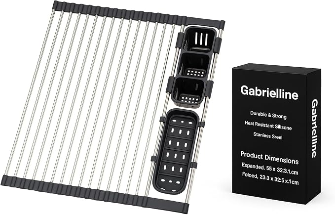 Gabrielline Expandable Roll Up Dish Drying Rack for Kitchen Sink, 21.6” x 12.7” Stainless Steel Over Sink Drying Mat with Utensil Holder & Drip Tray, Space Saving Heavy Duty Kitchen Rack Set - Image 6