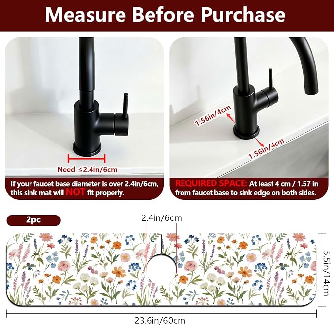 2 Pcs Kitchen Sink Splash Guard Faucet Mat Watercolor Plants Faucet Mat for Sinks Flowers Pattern Absorbing Drying Mats for Kitchen Bathroom, 23.6x5.5inch - Image 2