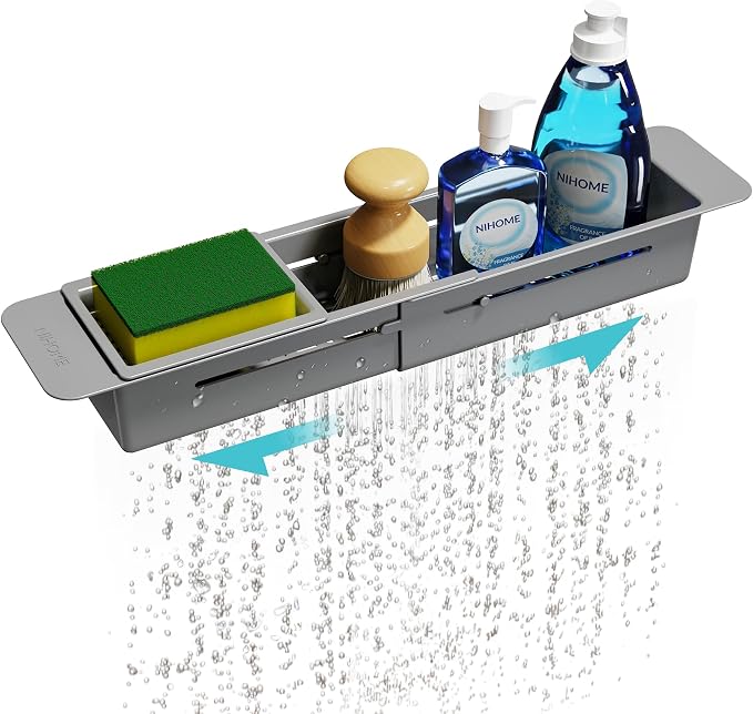 NiHome Extendable Kitchen Sink Caddy, Small Brush Sponge Storage Holder | Expandable Kitchen In Sink Organizer for Brush & Sponge w/ Drainage, Adjustable Length, Non-Slip Pads Durable ABS (Dark Gray) by NiHome