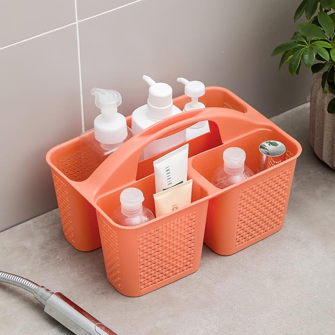 Plastic Portable Shower Caddy Basket with Handle, 3 Compartments, Orange | Storage Organizer with Drain Holes, Sturdy and Durable For Bathroom, Kitchen, College Dorm, Sink, Camping - Image 3