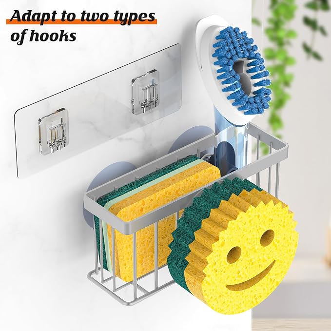 MURLONG Sponge Holder Smiley Face, Sink Organizer with 2 Suction Cups/1 Adhesive Strips, Designed for Sponge, Soap, Dish Brush, Scrubber - Gray - Image 3