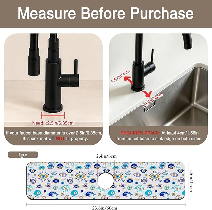 Faucet Mat for Kitchen Sink Doodle Drawing Evil Eyes Sink Splash Guard Behind Faucet Soft Diatom Mud Material Non-slip Easy to Clean for Bathroom & Kitchen 24"X5.5" - Image 2