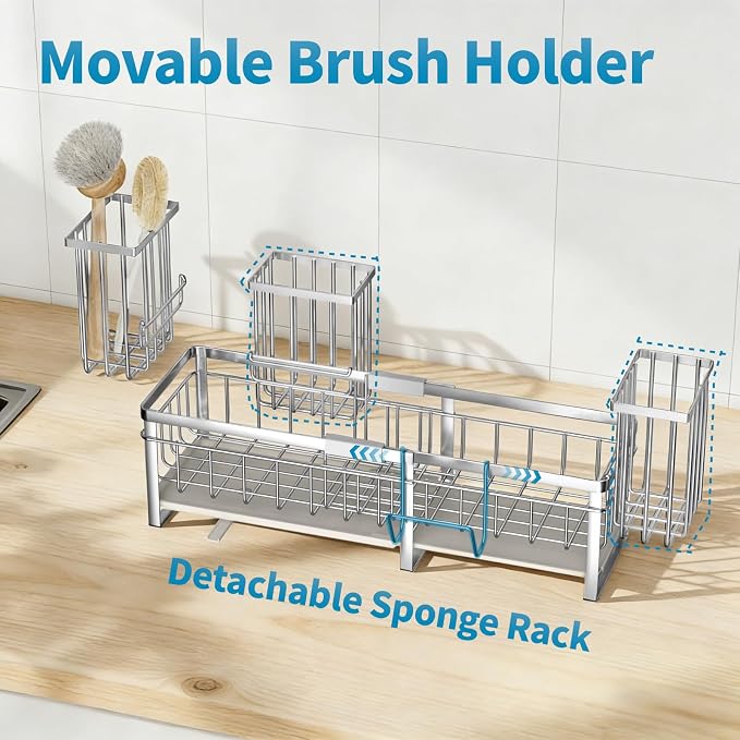 Extra Large Extendable Sponge Holder for Kitchen Sink Caddy Organizer | Rustproof Sink Caddy Organizer with High Brush Holder, Dish Soap Dispenser Organizers and Storage (Black) - Image 6
