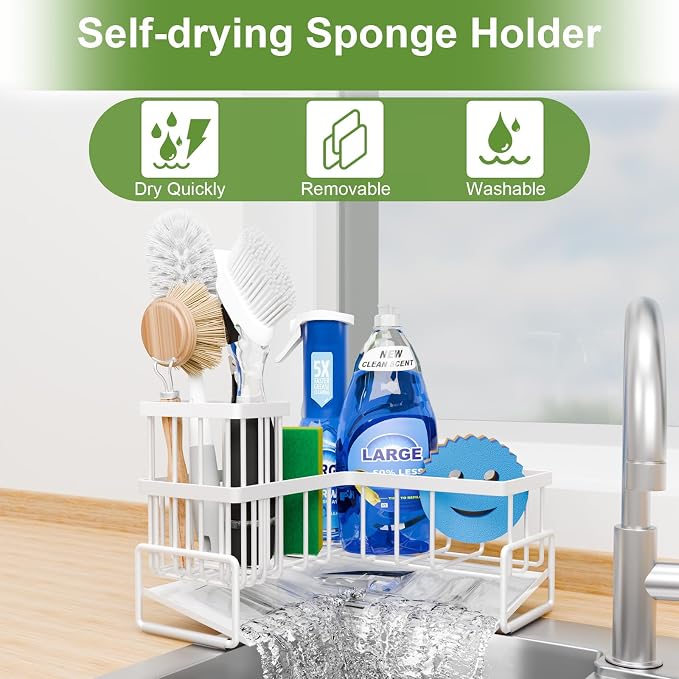 Fikoksol Large Sponge Holder for Kitchen Sink, 90-Degree Sink Caddy Storage | Self Draining Sponge Rack for Countertop, Metal L-Shaped Dish Soap Organizer with Brush Holder, Corner Sink Storage Ideas - Image 6