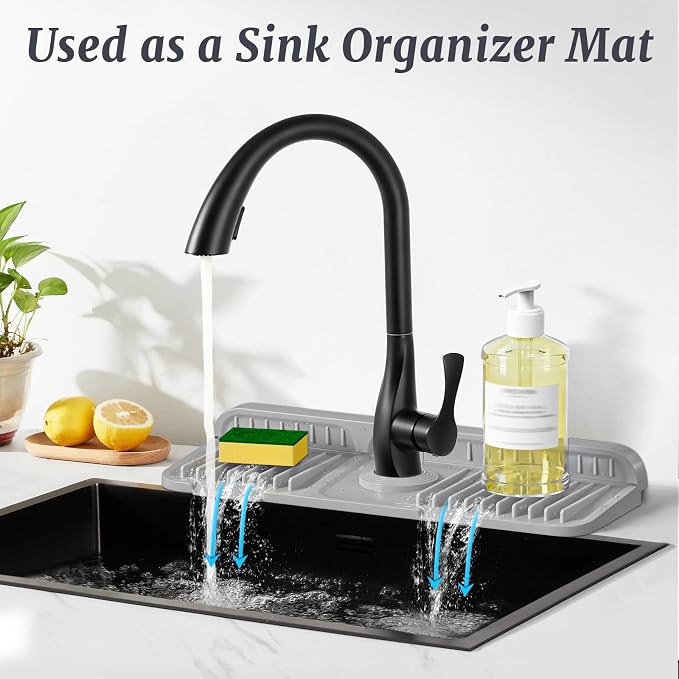 PoYang 14.6 Inch Faucet Mat for Kitchen Sink Splash Guard, Light Grey | Sink Protectors with 7° Slope for Smooth Drainage, Snap Button Holds It in Place, 90° Foldable & Cuttable Hole Fit Most Sinks - Image 7
