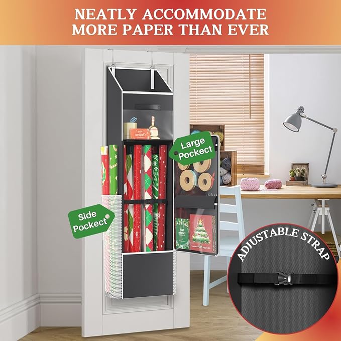 2-in-1 Wrapping Paper Organizer Storage, Over Door or Under Bed Organizer with Removable Drawer & 4 Clear Pockets Wrap Storage for Ribbons, Bows, Ornament and Other Tools - Image 3
