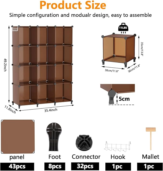 AWTATOS Closet Organizer, 12 Cube Storage Organizer Shelves, Cocoa Brown | Portable Closet Organizers Storage Shelves, DIY Stackable Bookshelf, Plastic Clothes Organizer Shelving for Home, Bedroom - Image 3