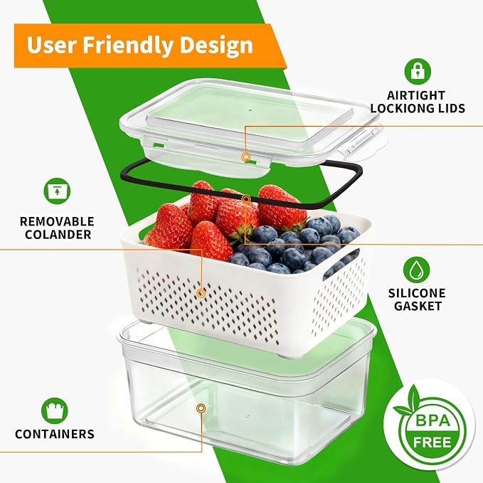 PRAKI Fruit Storage Containers for Fridge with Removable Colander, 5-Pack | 4 in 1 Food Storage Containers, Produce Saver for Refrigerator Keep Fruits, Berry Fresh Longer, Multiple Sizes, BPA-Free - Image 5