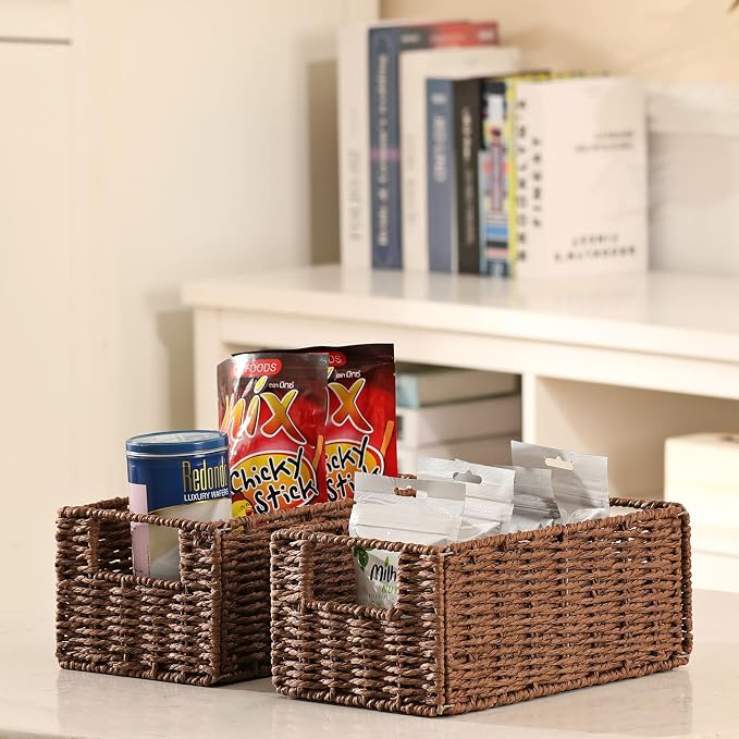Wicker Storage Basket, Set of 2 Hand-Woven Paper Rope Wicker Basket, Small Storage Baskets for Organizing Toilet Paper Basket, Foldable Large Cube Storage Organizer Bins for Shelves (Brown) - Image 2