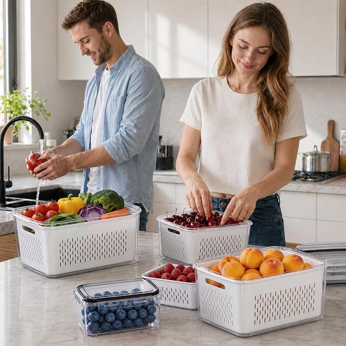 HOMETALL 5 Pack Fruit Storage Containers for Fridge Set, Fruit Washing Bowl with Strainer, Reusable Fridge Organizers and Storage for Berry Salad Lettuce, Size 4.5, 3.4, 1.8, 0.9, 0.4QT - Image 8