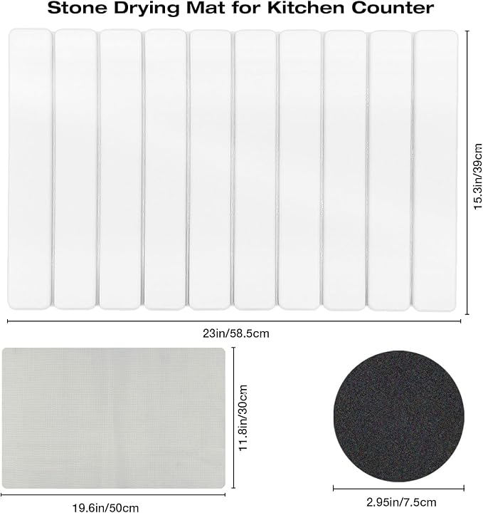 Diatomaceous Earth Stone Dish Drying Mat for Kitchen Counter – 24”x16”, Non-Slip Quick-Dry Surface, Sleek Foldable Design & Collapsible Storage, White - Image 2