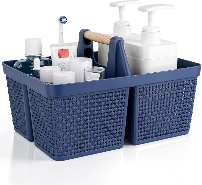 UUJOLY Portable Plastic Shower Caddy Basket with Wooden Handle, Dark Blue | Divided Storage Organizer Tote for Bathroom, Dorm, College, Kitchen & RV – Lightweight, Easy-Carry Essentials Caddy by UUJOLY