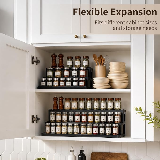 Expandable Spice Rack Organizer for Cabinet, Supports 17.6 lbs Per Tier | Expandable 16"-29", Anti-Separation Sliding Design, 3-Tier mental shelf, Organizes Jars, Bottles & Seasonings, Easy Assembly - Image 4