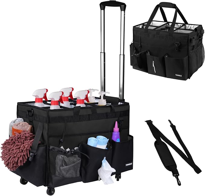 Extra-Large Rolling Cleaning Caddy with Wheels,Cleaning Caddy Bag with Detachable Trolley,Water Resistant Lining Cleaning Supply Organizer with Handle for Cleaners,Housekeepers (Black) by TWINDLE