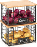 2-Pack Stackable Wire Baskets with 2 Pads & Bamboo Top, Pantry Organizer | Potato and Onion Storage Bin with Labels, Organize Produce/Fruit/Vegetable on Kitchen Counter, Cabinet or Under Sink, XL by keomaisyto