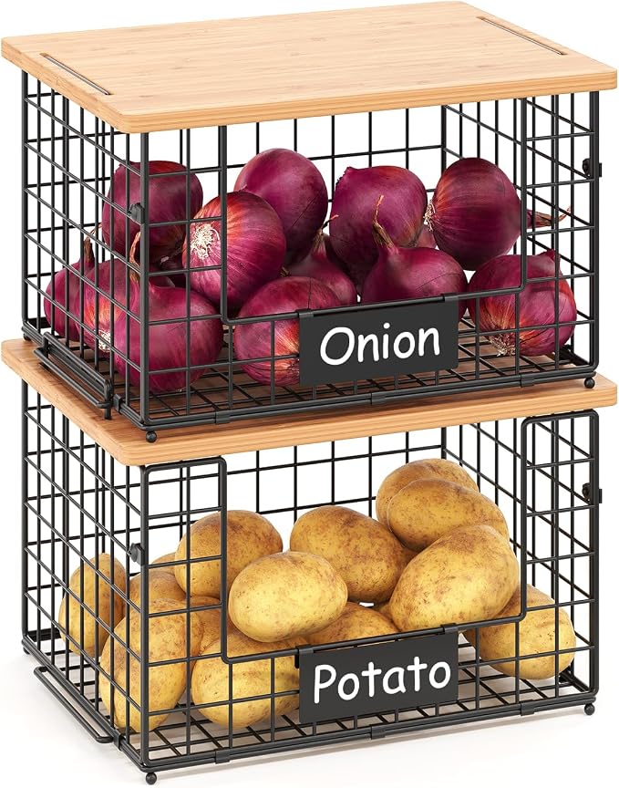 2-Pack Stackable Wire Baskets with 2 Pads & Bamboo Top, Pantry Organizer | Potato and Onion Storage Bin with Labels, Organize Produce/Fruit/Vegetable on Kitchen Counter, Cabinet or Under Sink, XL by keomaisyto