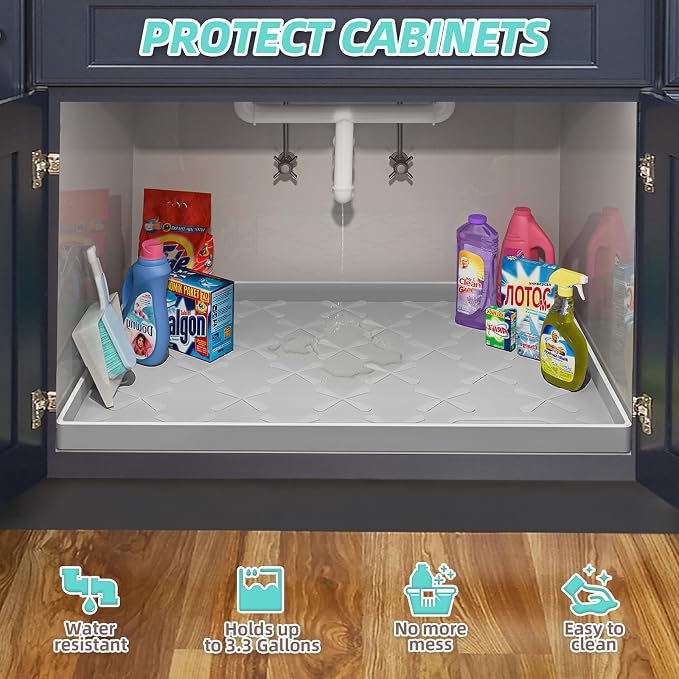 Waterproof Under Sink Mat 22" x 22" Silicone Mat Cabinet Protector | Heavy Duty Kitchen Cabinet Liner, Easy Press Drain, Home Essentials for Pet Feeding, Boots, Bathroom, Organizers & Storage - Image 4