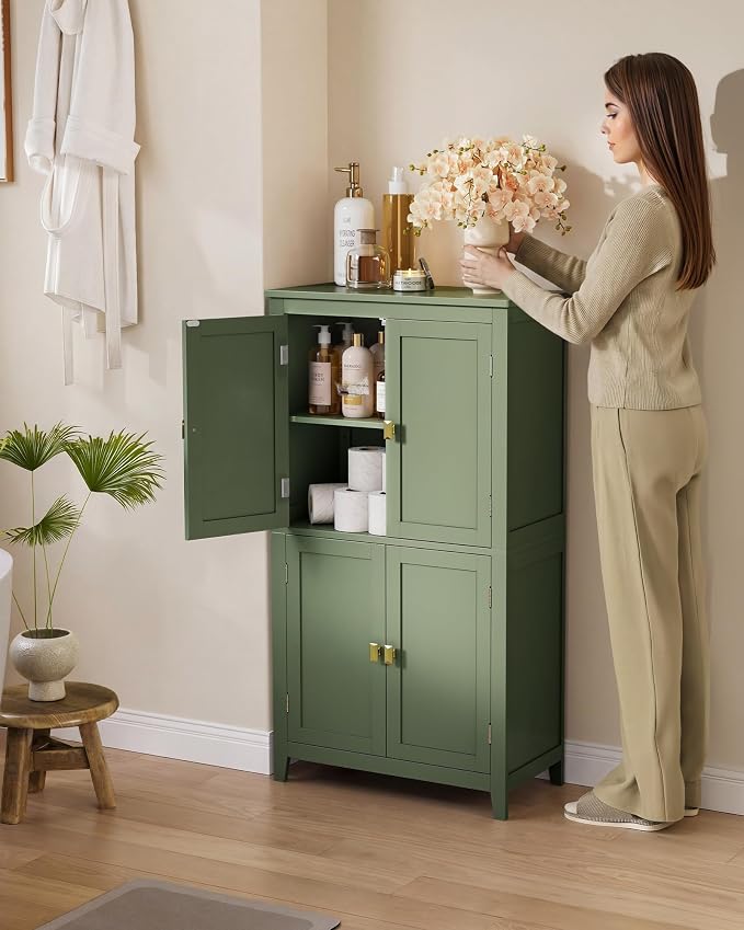 SONGMICS HOME Freestanding Storage Cabinet, Floor Cabinet with Elevated Legs, Metal Handles, for Living Room, Kitchen, Bathroom, Green - Image 8