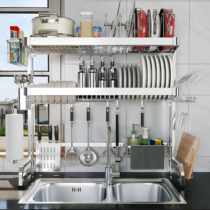 Over The Sink Dish Drainer Drying Rack 3 Tier Adjustable Width | 304 Full Stainless Steel Large Capacity Expandable Storage Kitchen Counter Organizer, Pots & Pans Rack by Shrivee