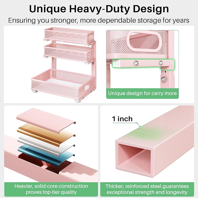 Kitstorack Under Sink Organizer, 2-Pack 3-Tier Height Adjustable Thickened Metal Pull out Cabinet Organizer Shelf, Slide out Storage Drawer Rack for Bathroom Kitchen Pantry Home Organization, Pink - Image 6