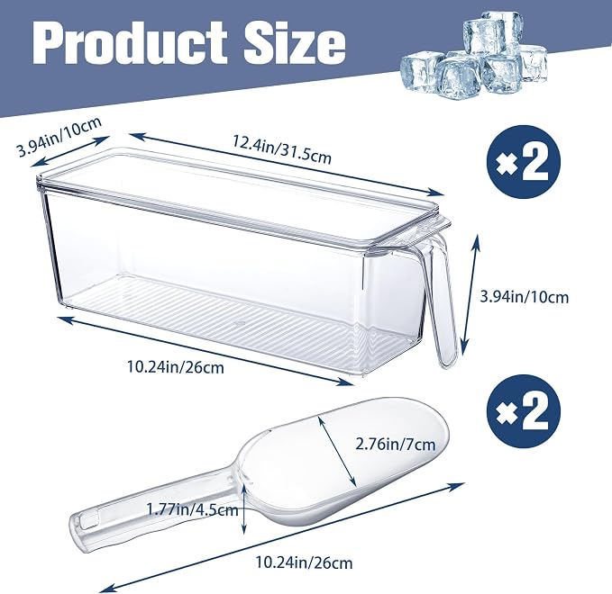 2 Sets Ice Storage Bin for Freezer,12.4 x 3.94 x 3.94 Inches | Plastic Ice Container with Flexible Scoop Lid and Handle for Home Office Fridge Storage - Image 2