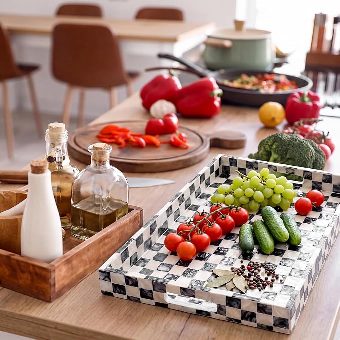 Reallnaive Mother of Pearl Lazy Susan for Table Turntable Organizer Marble Patterned Lazy Susan Wood Spinning Tray Rotating for Kitchen Cabinet Spice Pantry 12 Inch(Square,Black White Checkerboard) - Image 6