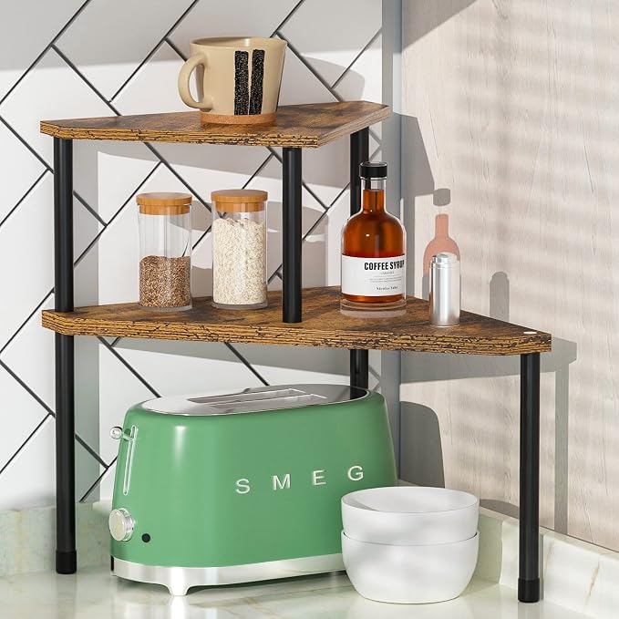 Weenson Kitchen Countertop Organizer Spice Rack for Salt, Bathroom Counter Organizer Over Sink for Toiletries, Makeup, 2-Tier Corner Counter Shelf for Coffee Area Storage Dresser Table(Rust Brown) - Image 5