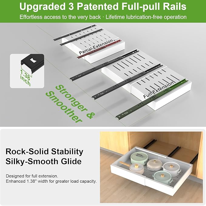 2-Pack Expandable Pull Out Cabinet Organizer 16.5"Deep(12.2"-20.5"W), 3 Full Extension Glides Slide Out Drawers, Roll Out Shelves Adhesive Raising Pad,Compatible Framed Cabinets,90lb Cap,White - Image 4