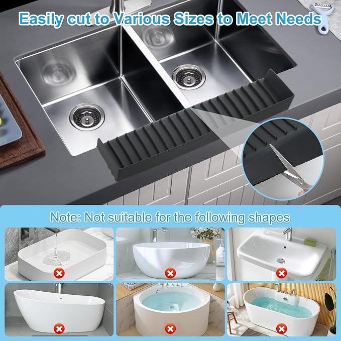 Silicone Faucet Splash Guard 4" x 20", Faucet Water Catcher Mat, Longer Silicone Sink Mat for Kitchen, Bathroom, Laundry Room, Farmhouse for Quartz Kitchen Sink（Black） - Image 5