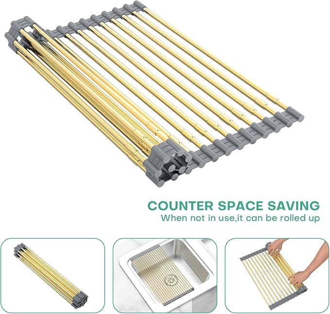 Large Expandable Roll Up Dish Drying Rack, Heat-Resistant Dish Drainer for Stainless Steel Sinks, Over The Sink Non-Slip Silicone Rollable Dish Drainer Roll Rack 18 Tube Gray Silicone & Gold Tube - Image 2