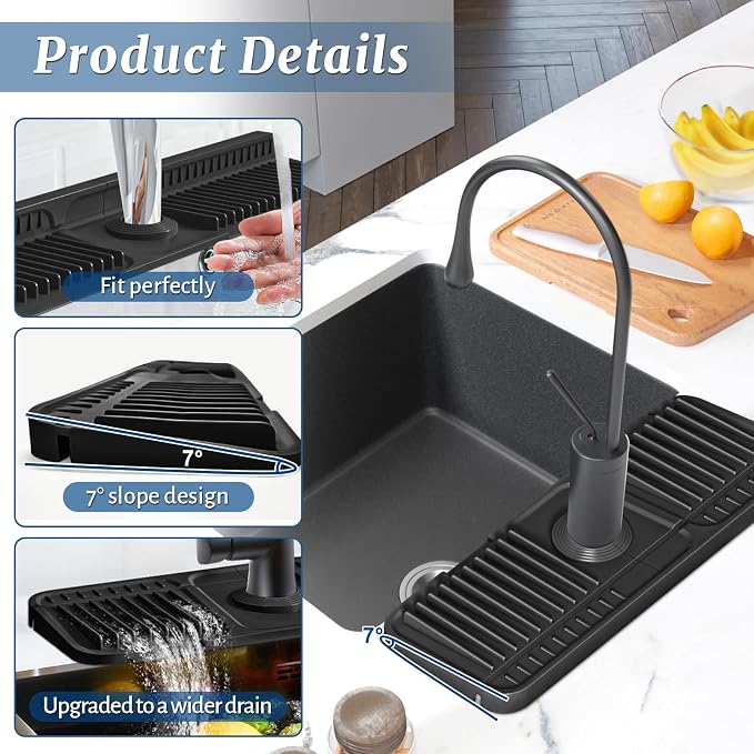 PoYang 14.6 Inch Faucet Mat for Kitchen Sink Splash Guard, Silicone, Black | Sink Protectors with 7° Slope for Smooth Drainage, Snap Button Holds It in Place, 90° Foldable & Cuttable Hole Fit Most Sinks - Image 8