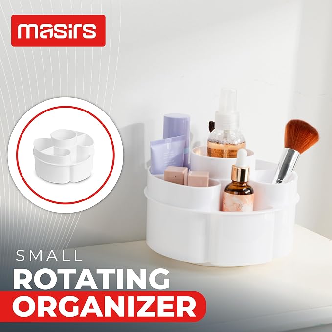 Masirs Small 360 Rotating Makeup Organizer, 5 Compartments, Round White | Small 360 Rotating Makeup Organizer, 5 Compartments, Acrylic Mini Lazy Susan, Vanity Bathroom Counter, Round White - Image 2