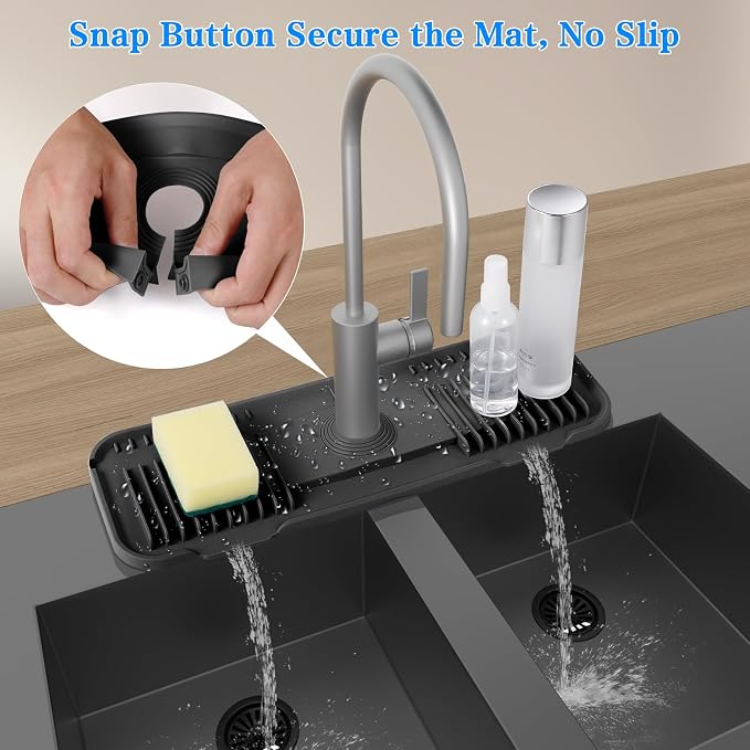 Kitchen Faucet Mat, DK-SIMINA Silicone Faucet Mat Silicone Faucet Drip Catcher with Cuttable Circular Central for Kitchen Sink, Tailor-Made for Faucets with Deck Plate【Black】 - Image 3