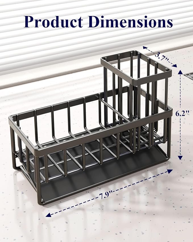 Kitsure Sponge Holder for Kitchen Sink, 7.9"x3.7"x6.2", Black | Kitchen Sink Caddy, Home Decor Accessories, Stainless Steel, High Brush Holder - Image 2