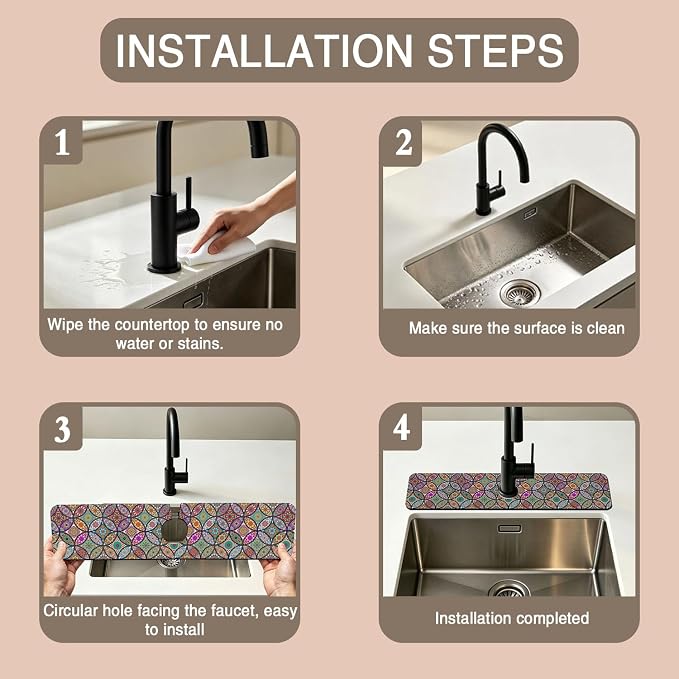 Kitchen Faucet Mat Islam Mandala Floral Flower Sink Splash Guard Behind Faucet Draining Mat Kitchen Accessories Non-slip Easy to Clean for Bathroom & Kitchen 24"X5.5" - Image 4