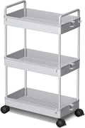 Ronlap 3 Tier Slim Rolling Storage Cart with Wheels Utility Organizer, Grey | For bathroom, laundry, kitchen, bedside & dorm. Fits art, craft, snack, makeup, nail, diaper & postpartum baby supplies by Ronlap