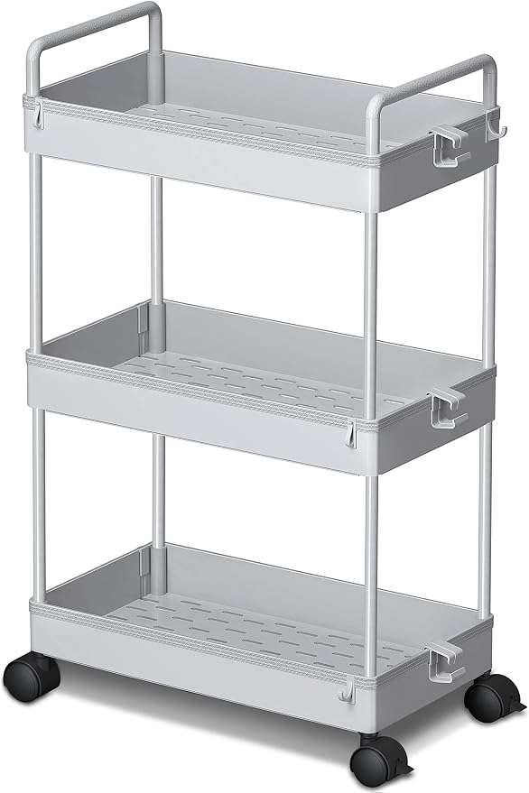 Ronlap 3 Tier Slim Rolling Storage Cart with Wheels Utility Organizer, Grey | For bathroom, laundry, kitchen, bedside & dorm. Fits art, craft, snack, makeup, nail, diaper & postpartum baby supplies by Ronlap