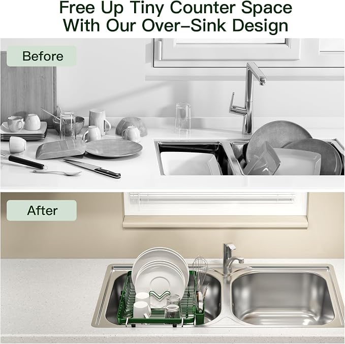 Green Dish Drying Rack Over The Sink with Utensil Holder | Expandable Stainless Steel Dish Drainer for Small Kitchen, Apartment, RV, Counter Space Saving, Perfect Fit, Rustproof - Image 2
