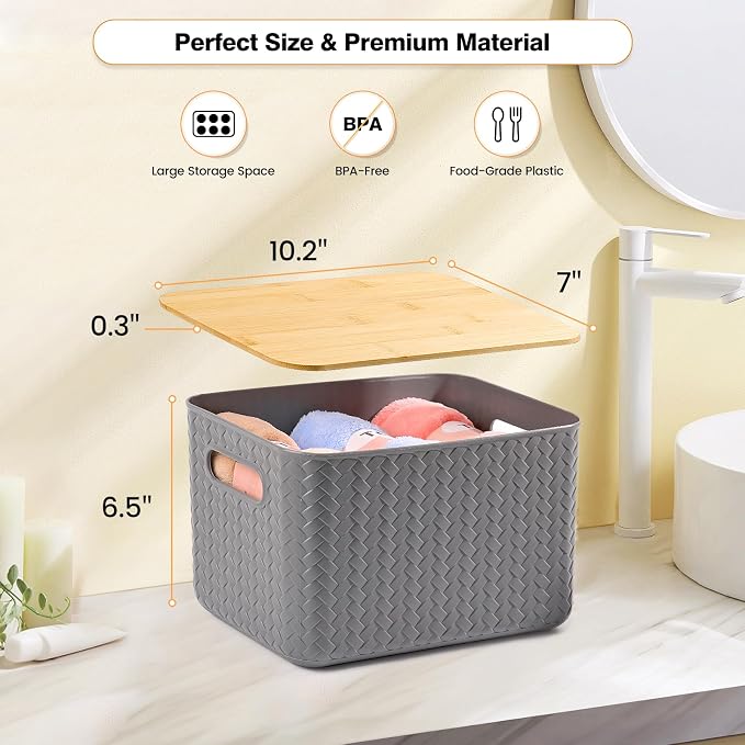 Ohmlove 4 Pack Storage Bins with Bamboo Lids,Stackable Box for Organization | Plastic Storage Containers with Handle, Storages Baskets for Organizing Desktop Closet Playroom Classroom Office, Gray - Image 2
