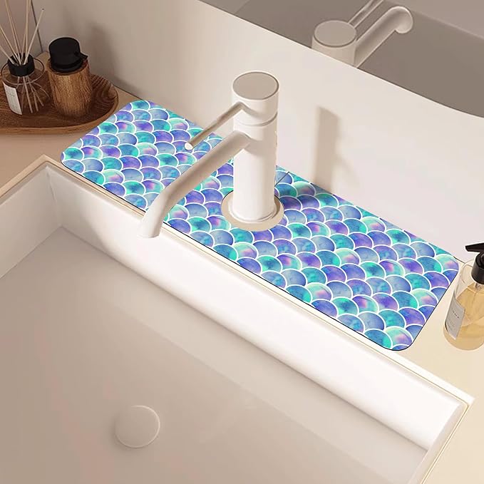 Watercolor Rainbow Scales Sink Faucet Absorbing Mat Sink Splash Guard Faucet Mat Draining Mat Fast Drying Sink Protectors for Kitchen and Bathroom 5.5"×15" - Image 2