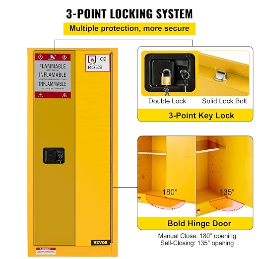 VEVOR Flammable Cabinet, 18" x 18" x 35", Yellow | Galvanized Steel, Safety Cabinet, Adjustable Shelf, Commercial, Industrial, Home Use - Image 9