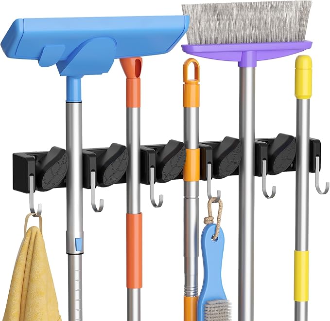 Lifewit Mop and Broom Holder Organzier Wall Mount Non-Slip, 1 Pack, Black | Easy Install One Handed Push Cleaning Tool Hanger with 6 Hooks 5 Slots, Heavy Duty Hanging Utility Rack for Garden, Garage by Lifewit