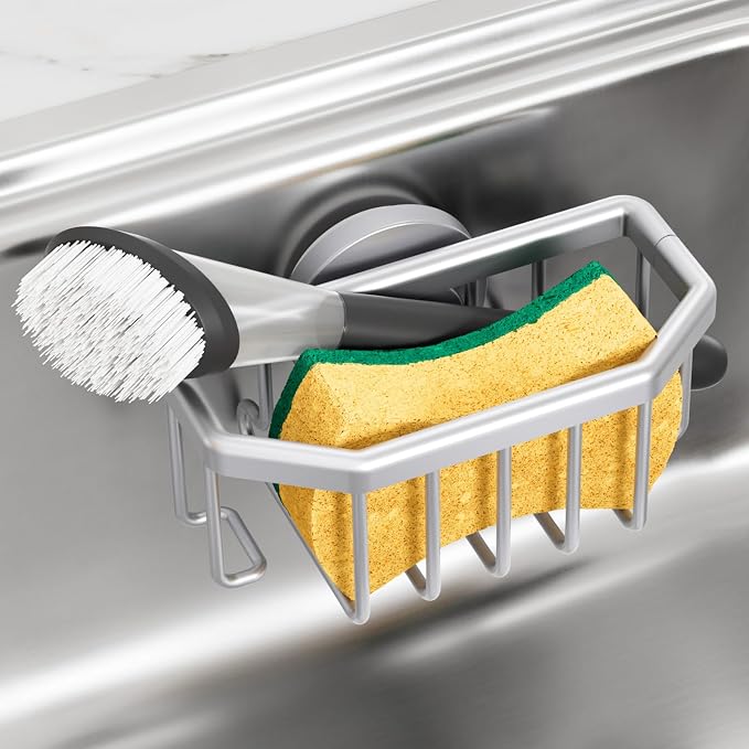 TAILI Sponge Holder for Kitchen Sink with Suction Cup-Silver, Aluminum | Rustproof Aluminum Sink Caddy for Sponges,Brushes,Stoppers & Scrapers,Removable Ventilated Quick-dry Design, holds Up 11lbs by TAILI
