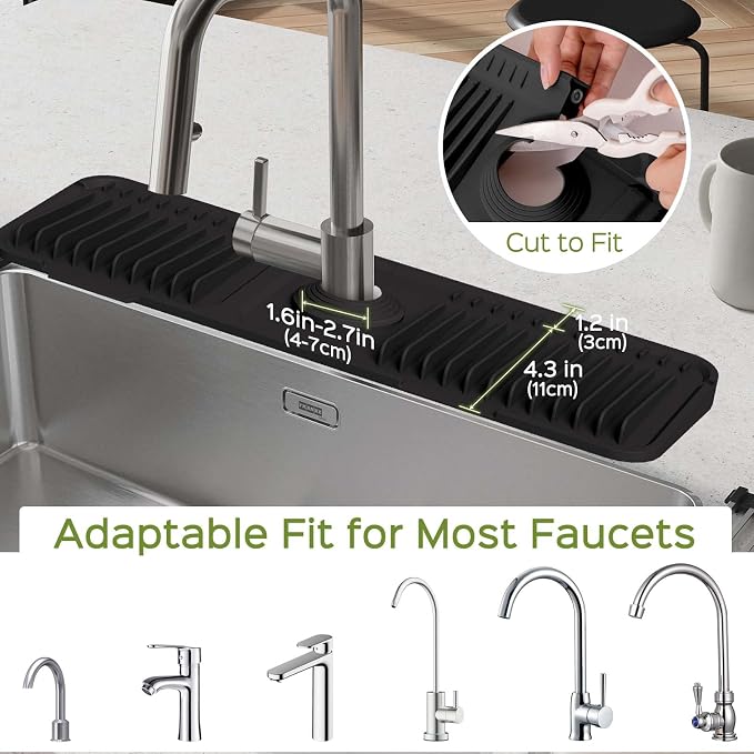 18 Inch Silicone Faucet Mat for Kitchen Sink Splash Guard – 2025 Upgraded Draining Mat with Water Tray Behind Faucet – Countertop Protectors to Catch Spills (Black, 17.7" x 5.5") - Image 5