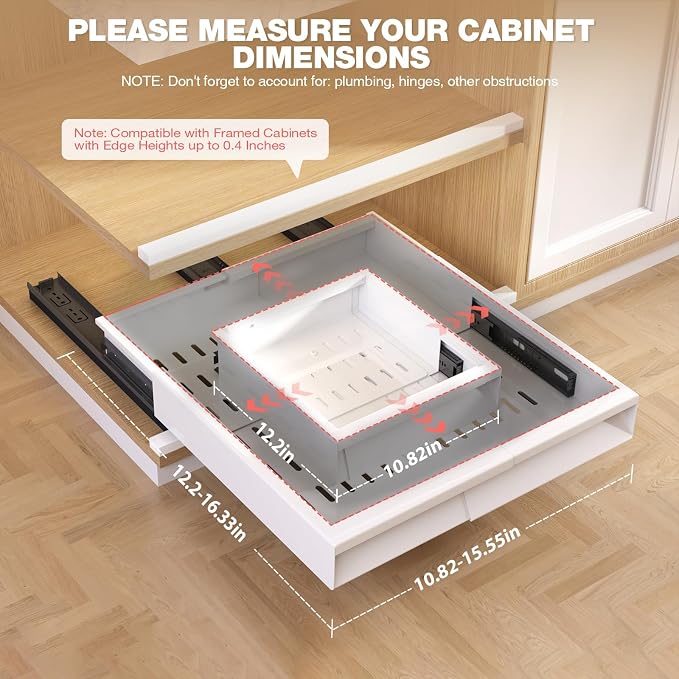 Seinloes Pull Out Cabinet Organizer, 4-Side Expandable to Fit Most Cabinets, 3 Rail Slide Out Drawers with Raising Pad for Framed & Frameless Cabinets, 11"-16" W x 13"-17" D, White, 2 Pack - Image 3